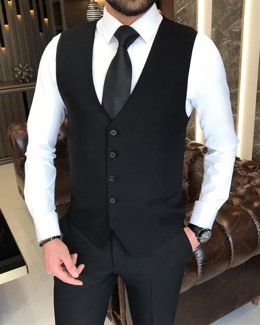 Italian Style Jacket Vest Trousers Suit Black T7865