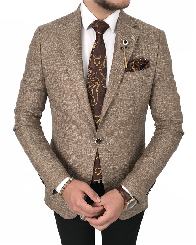 İtalyan stil blazer erkek tek ceket Kahverengi T7699