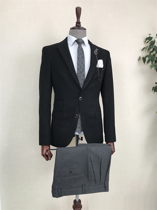 İtalyan stil blazer erkek tek ceket Siyah T8787