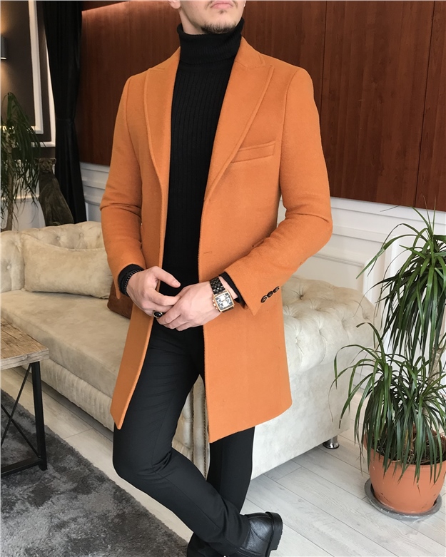 İtalyan stil ceket yaka yün kaşe kaban Turuncu T6702