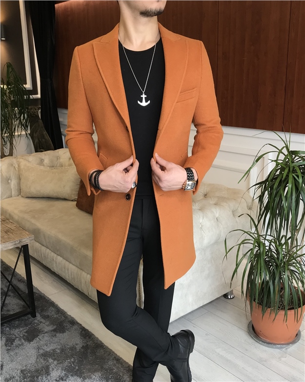 İtalyan stil ceket yaka yün kaşe kaban Turuncu T6702