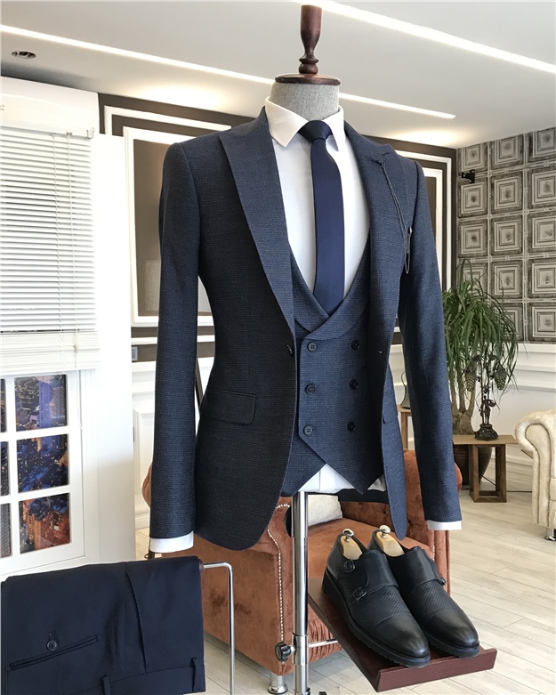 İtalyan stil ceket yelek pantalon kombin takım elbise Lacivert T5805