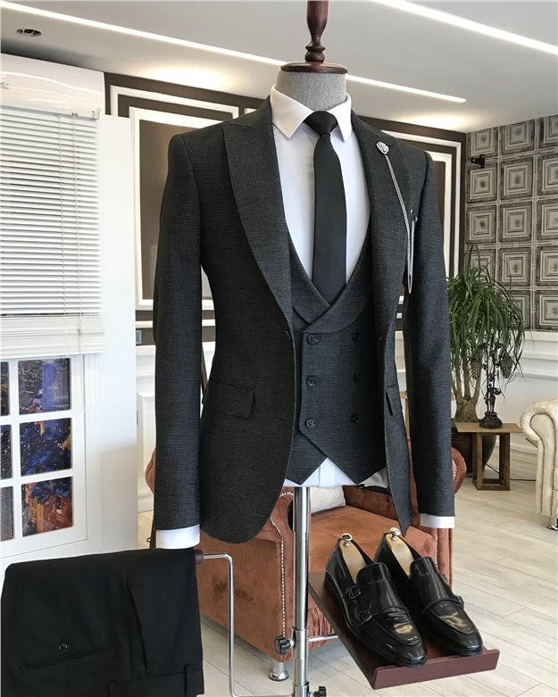 İtalyan stil ceket yelek pantalon kombin takım elbise Siyah T5814