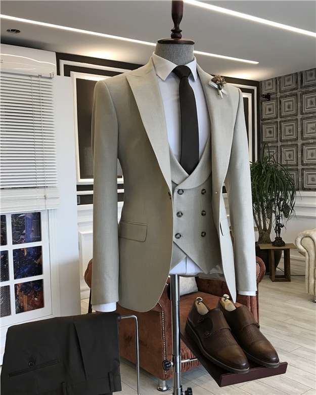 İtalyan stil ceket yelek pantalon kombin takım elbise Bej T5802