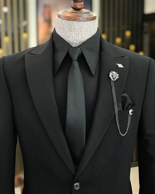 Italian Style Jacket Vest Trousers Suit Black T8553