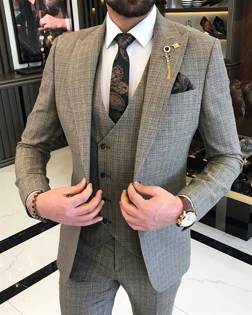 Italian style jacket vest pant suit brown T9098