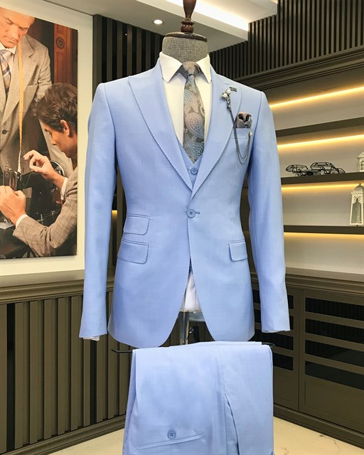 İtalyan stil  ceket yelek pantolon takım elbise Mavi T8634
