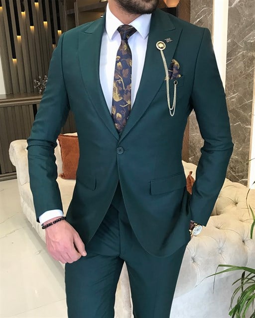 İtalyan stil ceket yelek pantolon takım elbise Yeşil T8554