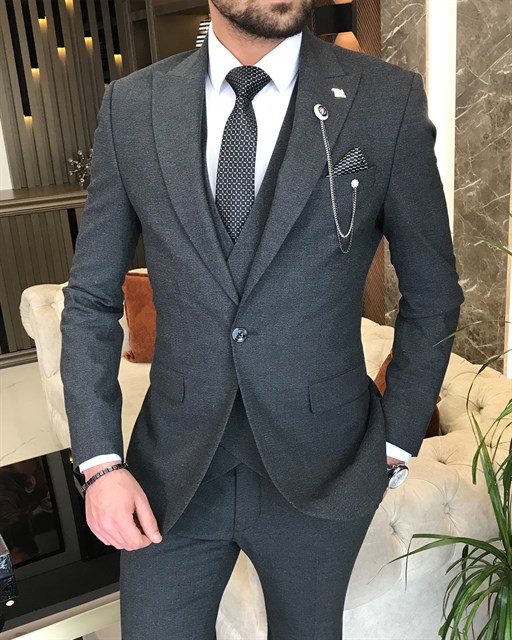 İtalyan stil ceket yelek pantolon takım elbise Antrasit T8616