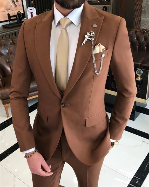 Italian style jacket vest pant suit brown T9081