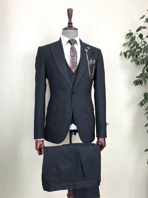 İtalyan stil ceket yelek pantolon takım elbise Lacivert T8619