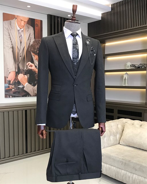 İtalyan stil  ceket yelek pantolon takım elbise Siyah T8627