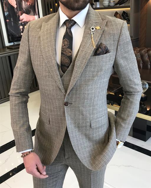 Italian style jacket vest pant suit brown T9098