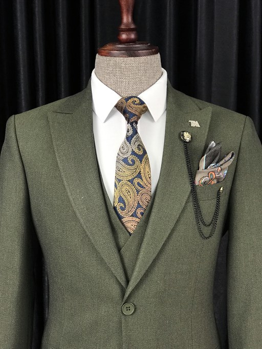 İtalyan stil ceket yelek pantolon takım elbise Yeşil T8610