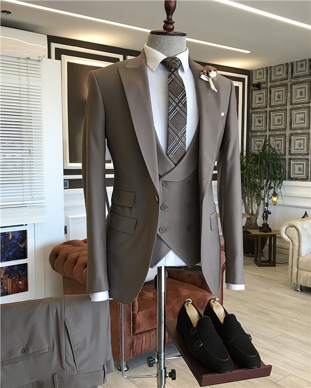 İtalyan stil ceket yelek pantolon takım elbise Açık Kahve T5539