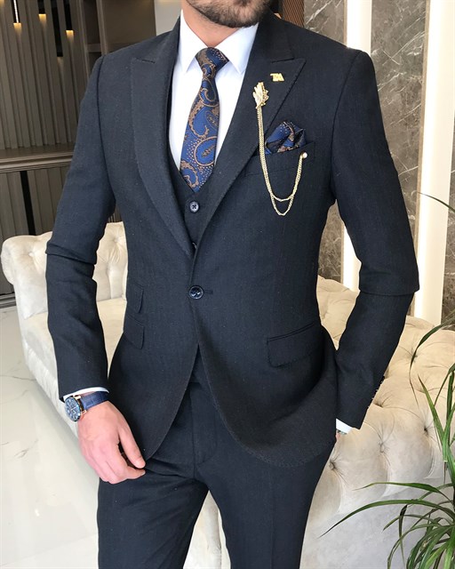 İtalyan stil  ceket yelek pantolon takım elbise Lacivert T8621