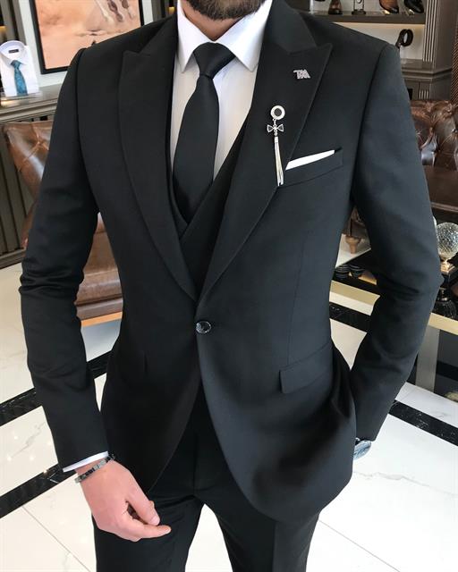 Italian style jacket vest pant suit black T9084
