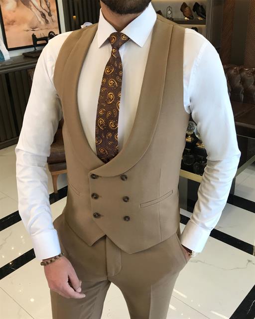 Italian style jacket vest pant suit camel T9080