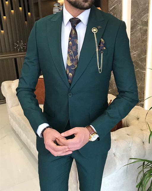 İtalyan stil ceket yelek pantolon takım elbise Yeşil T8554