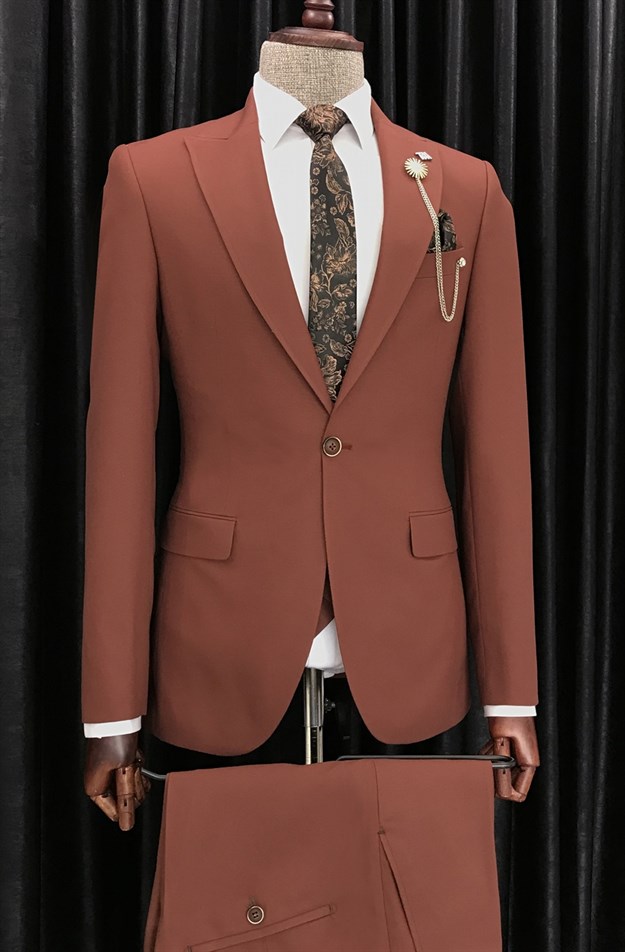 İtalyan stil ceket yelek pantolon takım elbise Kiremit T8557