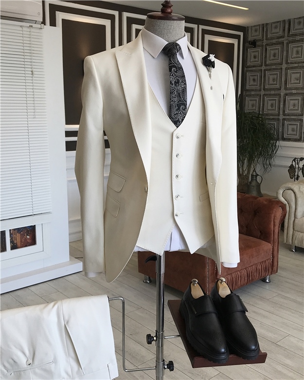 İtalyan stil  ceket yelek pantolon takım elbise Ekru T5587