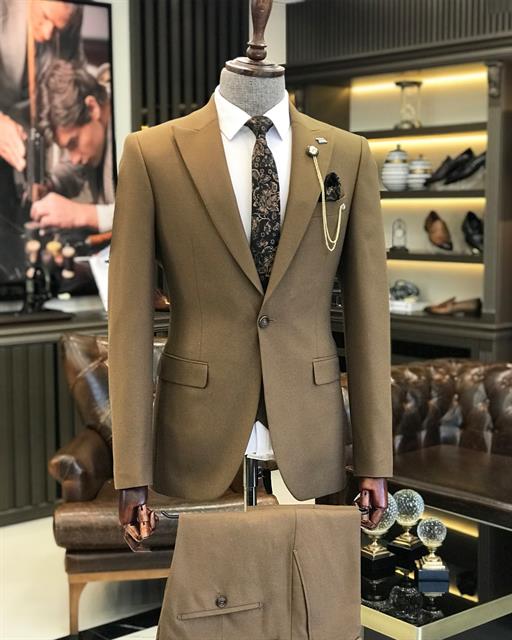 Italian style jacket vest pant suit brown T9079