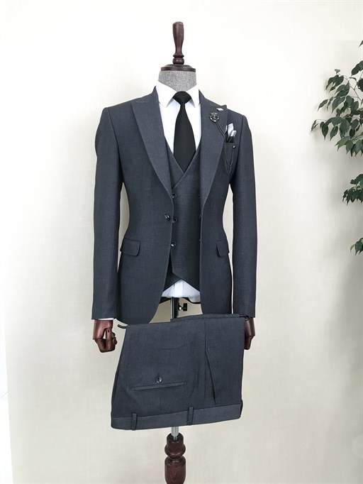 İtalyan stil ceket yelek pantolon takım elbise Gri T8617