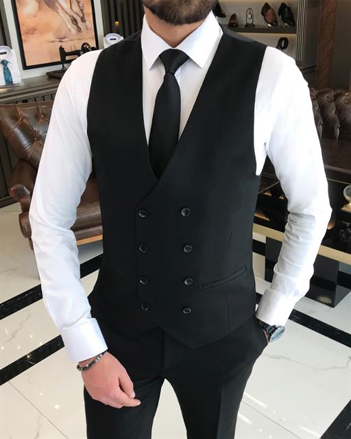 Italian style jacket vest pant suit black T9084