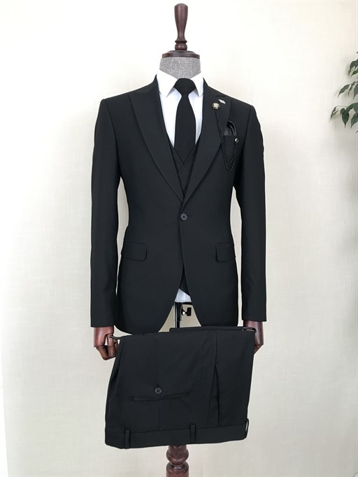 İtalyan stil ceket yelek pantolon takım elbise Siyah T8614