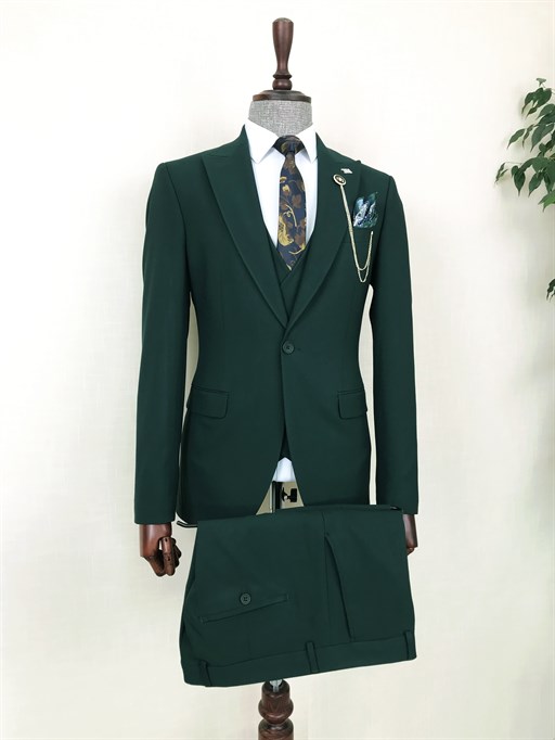 İtalyan stil ceket yelek pantolon takım elbise Yeşil T8618