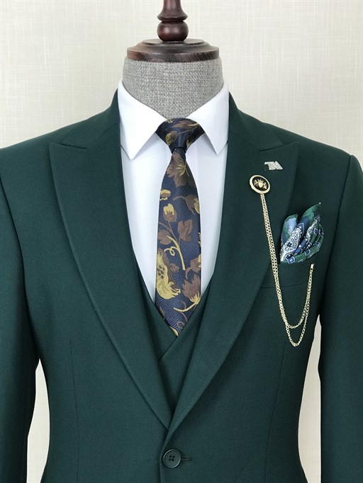 İtalyan stil ceket yelek pantolon takım elbise Yeşil T8618
