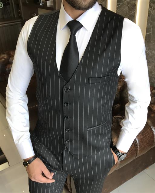 Italian style striped jacket vest pant suit Black T9928