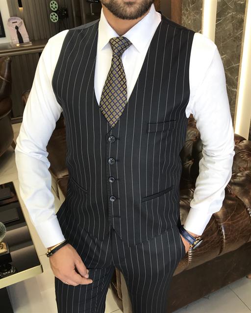 Italian style striped jacket vest trouser suit Navy Blue T9930