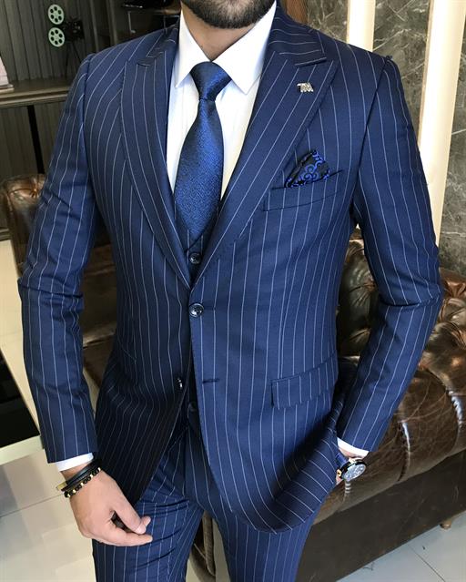 Italian style striped jacket vest trouser suit Navy Blue T9931