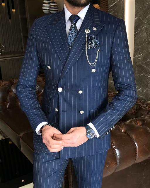 Italian Style Striped Double Breasted Jacket Trousers Suit Navy Blue T8374