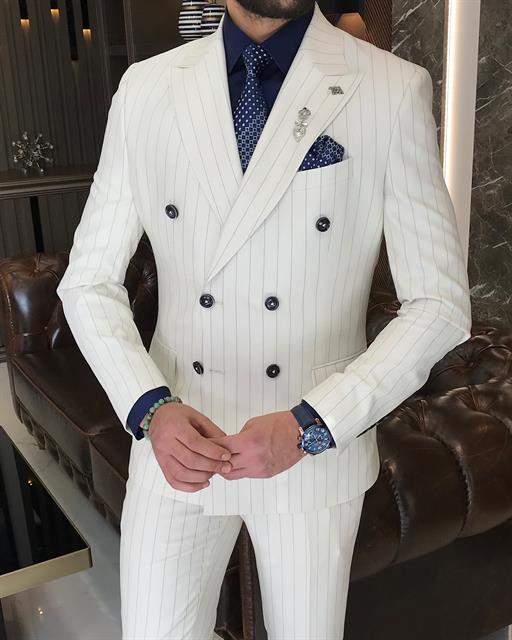 İtalyan stil çizgili kruvaze ceket pantolon takım elbise krem T9072