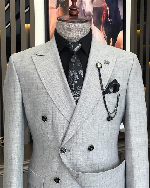 İtalyan stil çizgili kruvaze ceket pantolon takım elbise gri T9075