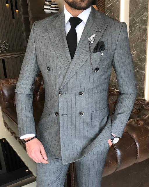 İtalyan stil çizgili kruvaze ceket pantolon takım elbise Gri T9061