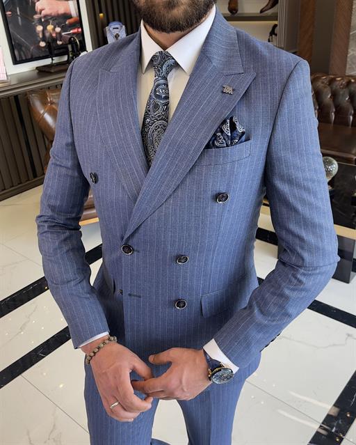 Italian style striped double-breasted jacket trouser suit blue T9543