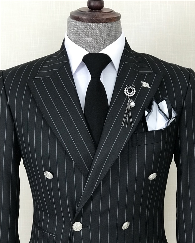İtalyan stil çizgili kruvaze ceket pantolon takım elbise Siyah T8371
