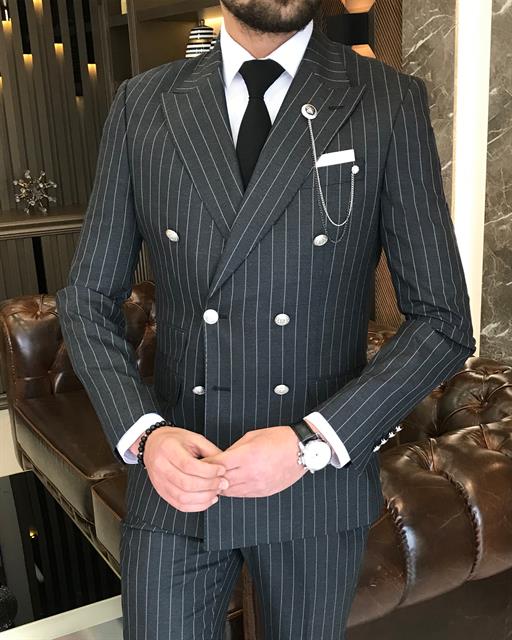 Italian Style Striped Double Breasted Jacket Trousers Suit Anthracit T8372