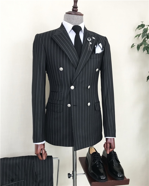 İtalyan stil çizgili kruvaze ceket pantolon takım elbise Siyah T8371
