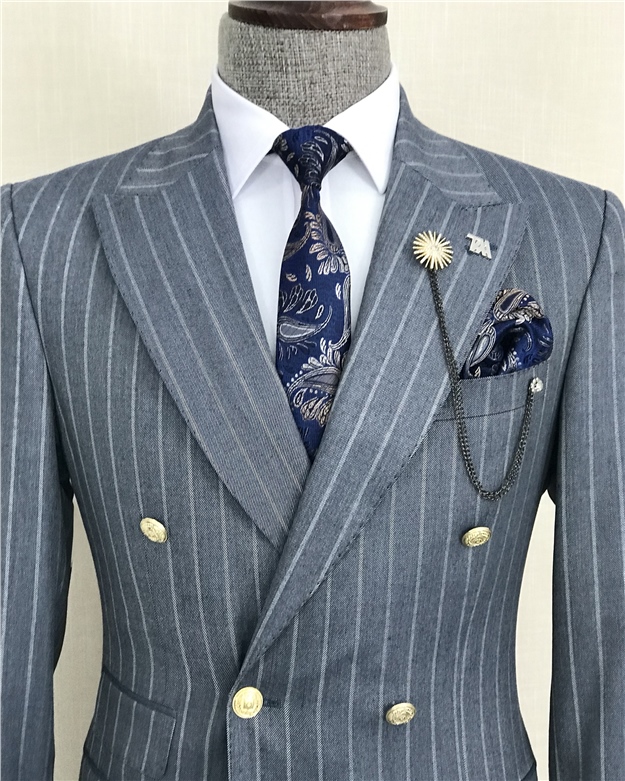 İtalyan stil çizgili kruvaze ceket pantolon takım elbise Mavi T8375