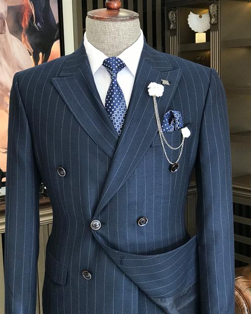 İtalyan stil çizgili kruvaze ceket pantolon takım elbise lacivert T9064
