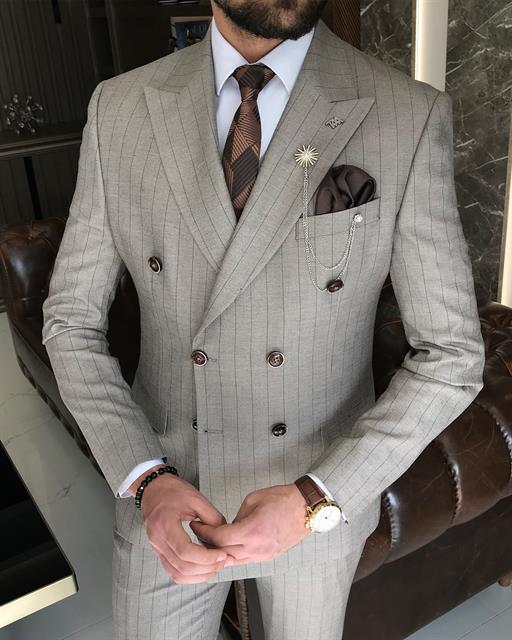 İtalyan stil çizgili kruvaze ceket pantolon takım elbise vizon T9074