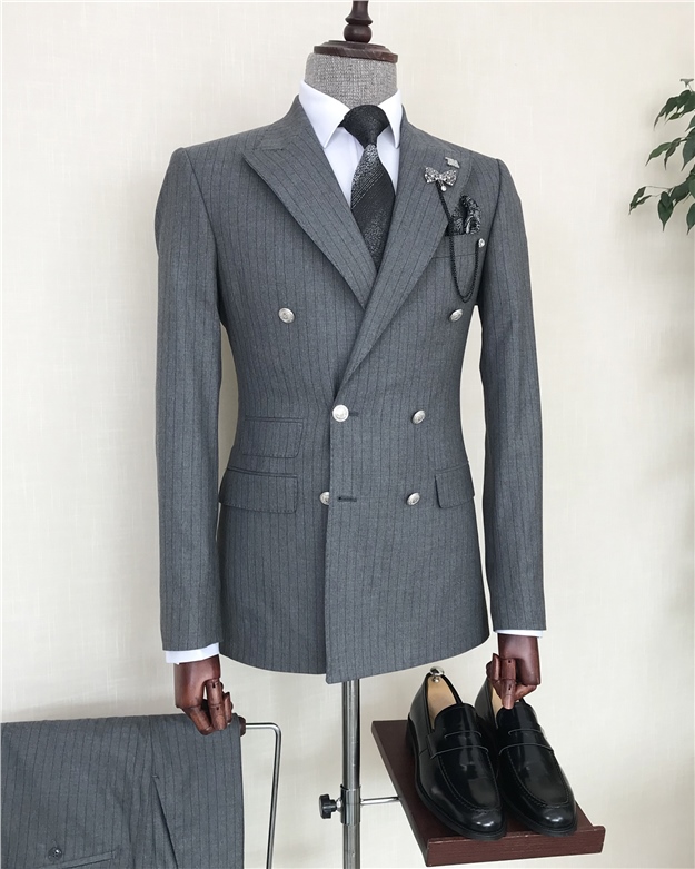 İtalyan stil çizgili kruvaze ceket pantolon takım elbise Gri T8376