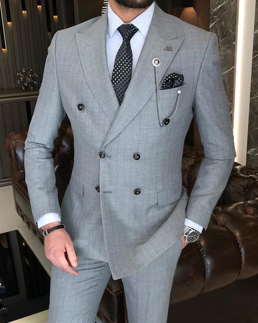 İtalyan stil çizgili kruvaze ceket pantolon takım elbise gri T9076
