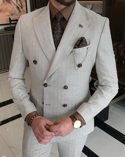 Italian style striped double-breasted jacket trouser suit beige T9073