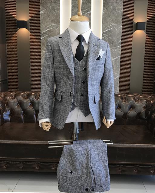 İtalyan stil çocuk çizgili ceket yelek pantolon takım elbise gri T8964