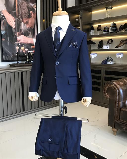 İtalyan stil erkek mono yaka ceket yelek pantolon takım elbise Lacivert T8899
